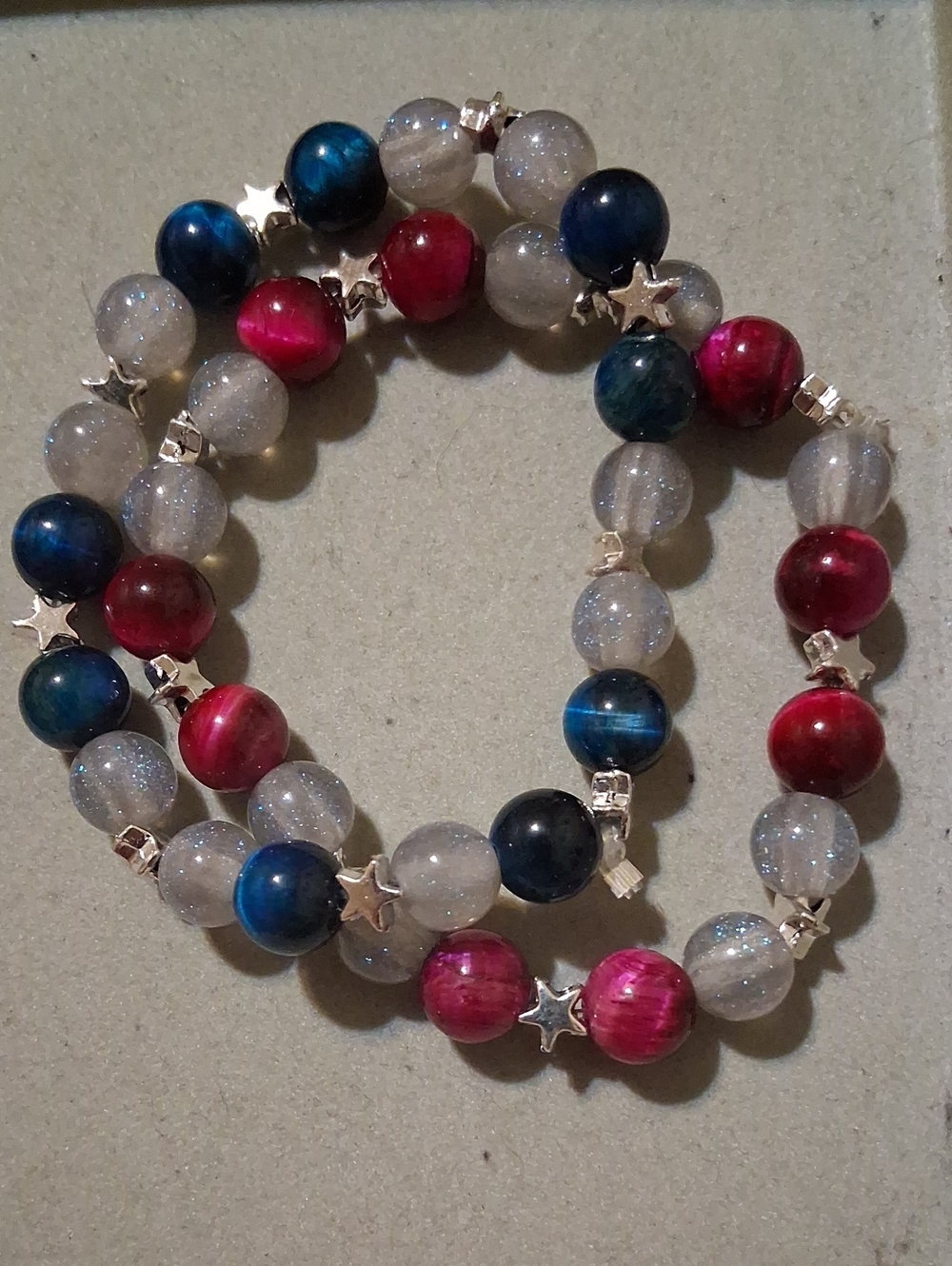 Blue & Rose Red Tigers Eye Beaded Stretch Bracelet with Star Accents